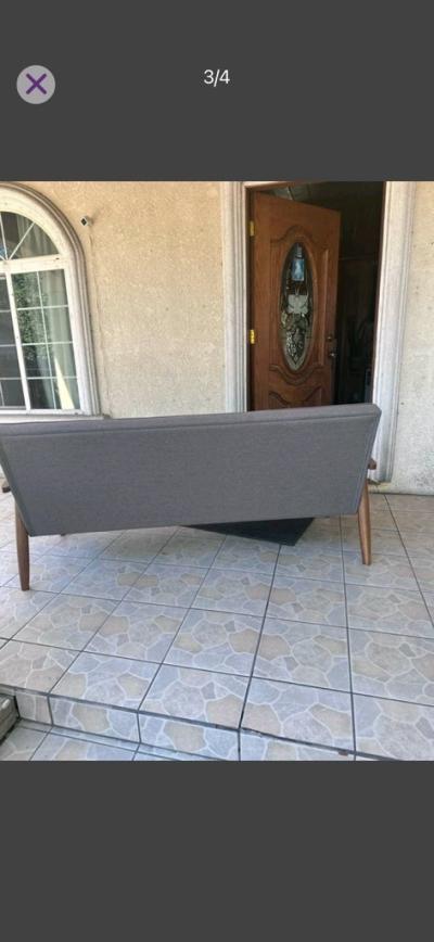 MidCentury Modern Gray Tufted Loveseat Sofa  Wood Frame - Thumbnail 2