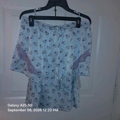 2 piece satin with lace teddy Light blue with lavender flowe