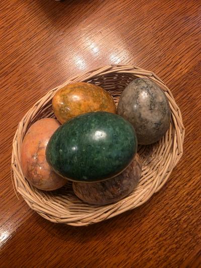 granite eggs in basket