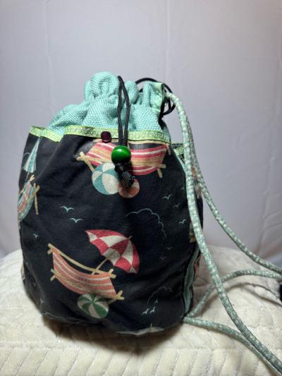 drawstring beach print bucket bag in mint and black - Thumbnail 5