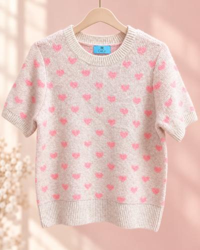 CeCe Womens Pink Heart Print Short Sleeve Knit - Thumbnail 2