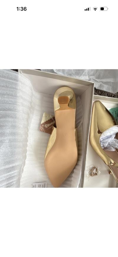 RIBONGZ Gold Patent Leather Pointed Toe Slingback Heels Wome - Thumbnail 4