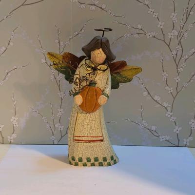 Wooden Harvest Angel Figurine   Metal Wings Halo Painted 3D