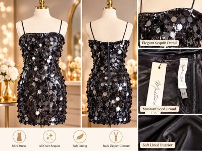 Mustard Seed Womens Black Sequin Mini Dress  Elegant Sparkly