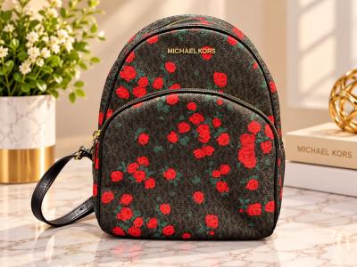 Michael Kors Signature Rose Floral Print Backpack Black Red - Thumbnail 3