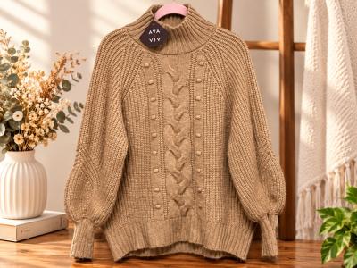 AVA  VIV Suter de Mujer Tejido Grueso Color Beige Camel - Thumbnail 2