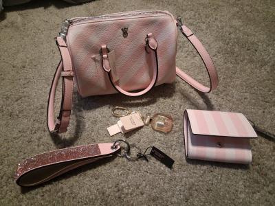 Complete Victorias Secret Pink Stripe Set Duffle Bag Wallet