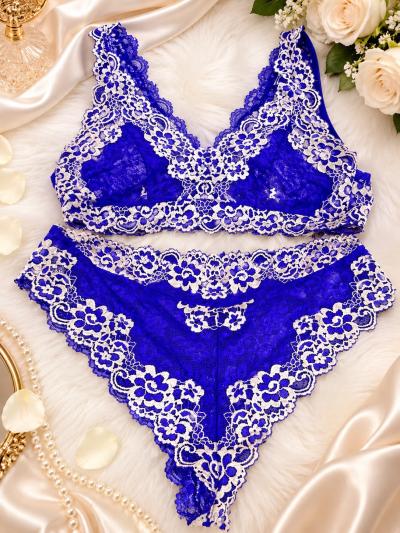 Conjunto de Lencera de Encaje Floral Azul Rey  Talla L - Thumbnail 2