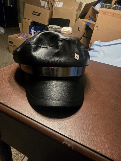 Black Faux Leather Fiddler Cap  Officer Hat with Red Cross P