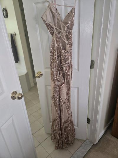 Embellished Nude Maxi Dress with Gold Sequin Detail - Thumbnail 5