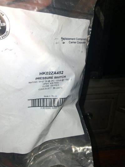 Carrier HK02ZA452 Pressure Switch