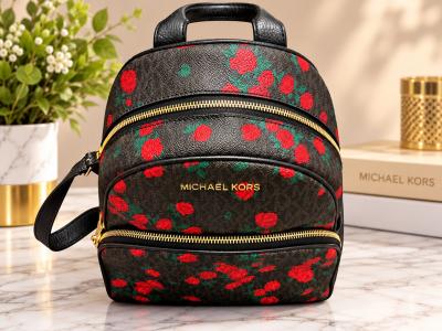 Michael Kors Signature Rose Floral Print Backpack Black Red - Thumbnail 2