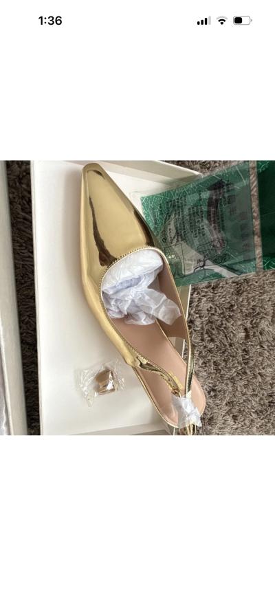 RIBONGZ Gold Patent Leather Pointed Toe Slingback Heels Wome - Thumbnail 3