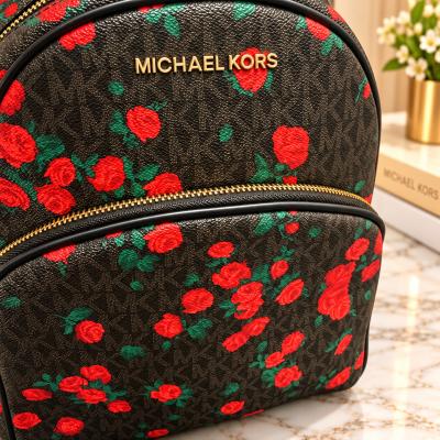 Michael Kors Signature Rose Floral Print Backpack Black Red - Thumbnail 8