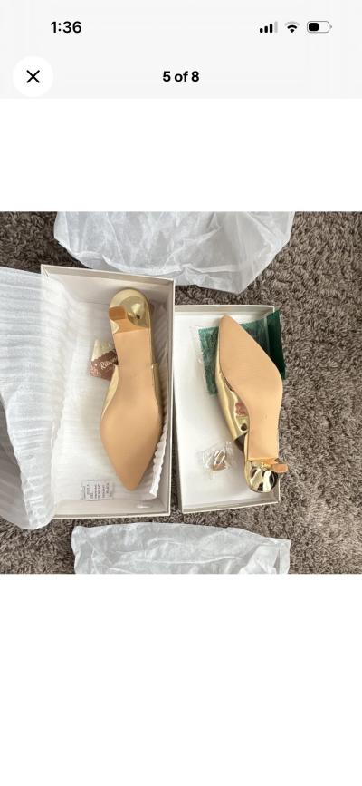 RIBONGZ Gold Patent Leather Pointed Toe Slingback Heels Wome - Thumbnail 6