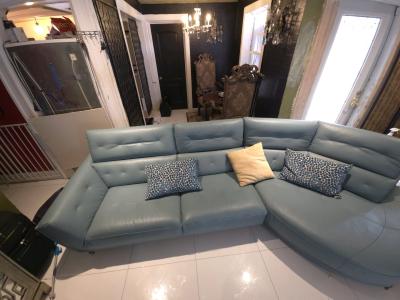 Teal Leather Sectional Sofa with Chaise - Thumbnail 3